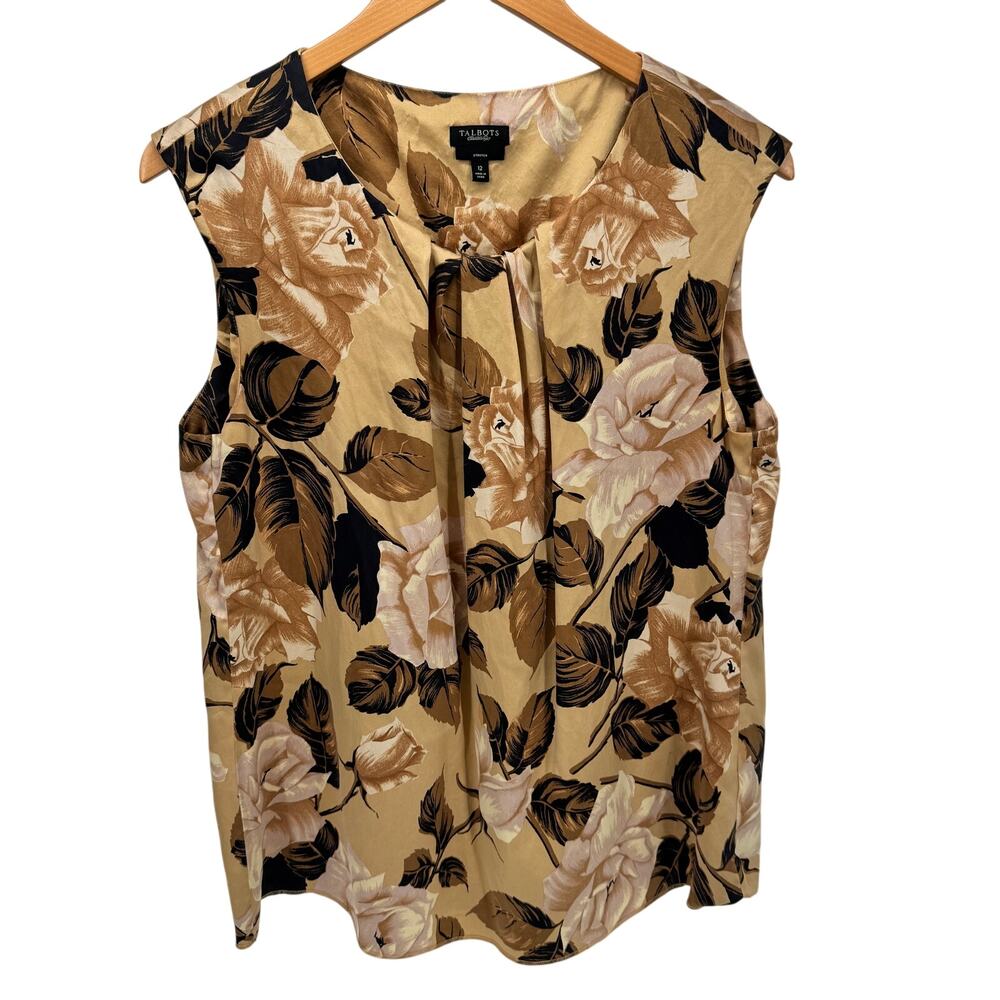 Talbots Silk Blouse Womens 12 Sleeveless Tan Floral Pleat Detail Pullover‎